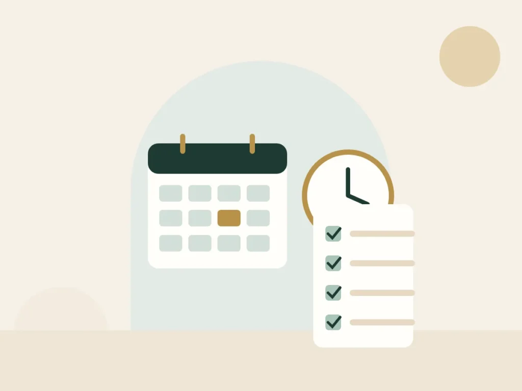 Calendar, clock and checklist for booking a home massage appointment