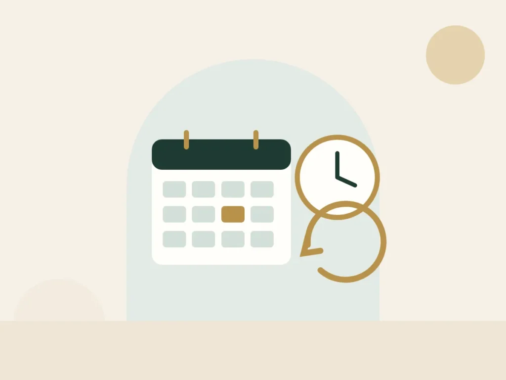 Calendar with a clock and a reschedule arrow, representing the cancellation policy