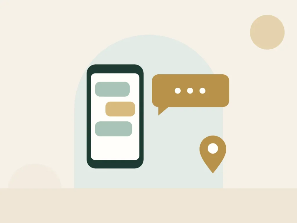 Phone with a chat bubble and a map pin for booking a home massage in Sharjah