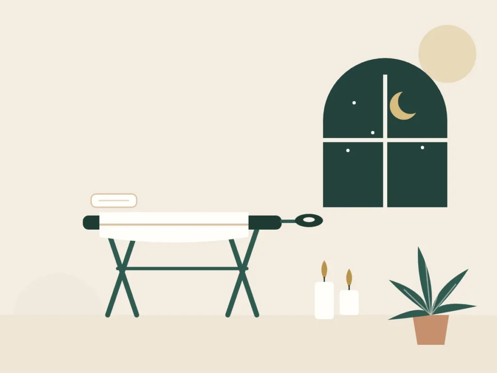 Calm evening room with a massage table, candles and a window showing the night sky
