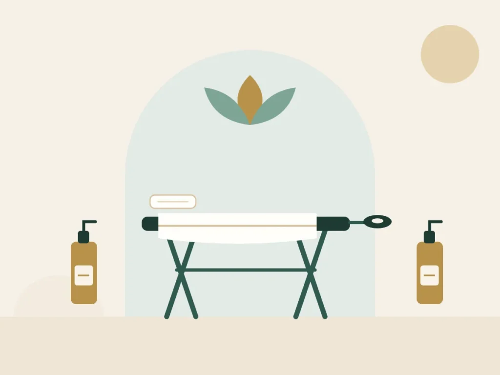 One massage table with two matching oil bottles for a four hands massage