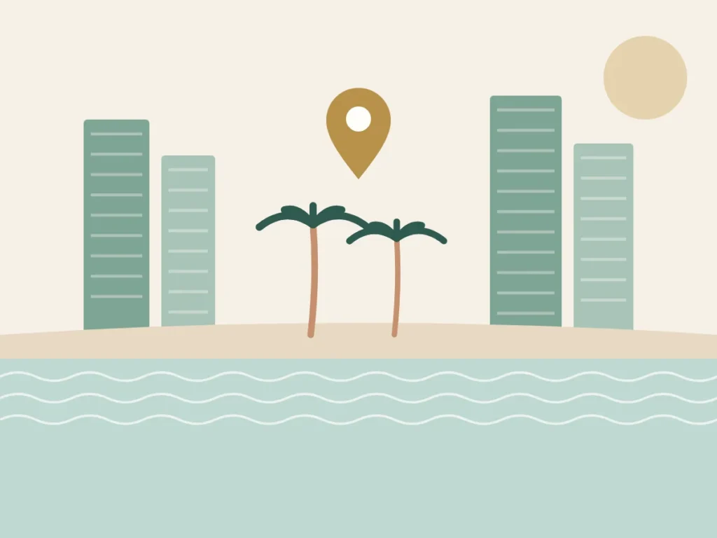 Al Khan beachfront towers, the lagoon and sea waves in Sharjah