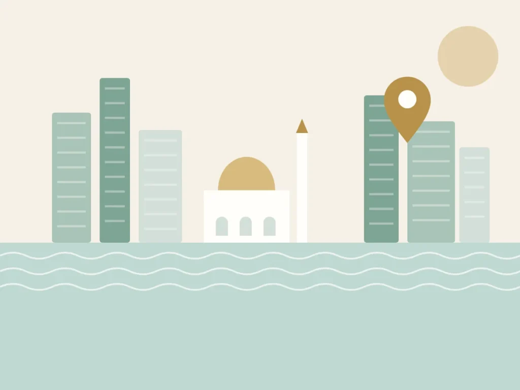 Al Majaz waterfront towers and a domed mosque beside Khalid Lagoon