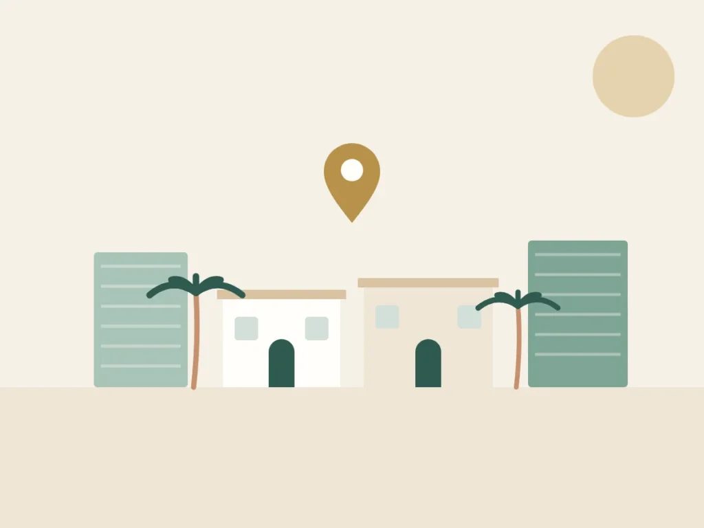 Muwaileh villas, low-rise apartment buildings and palm trees in Sharjah