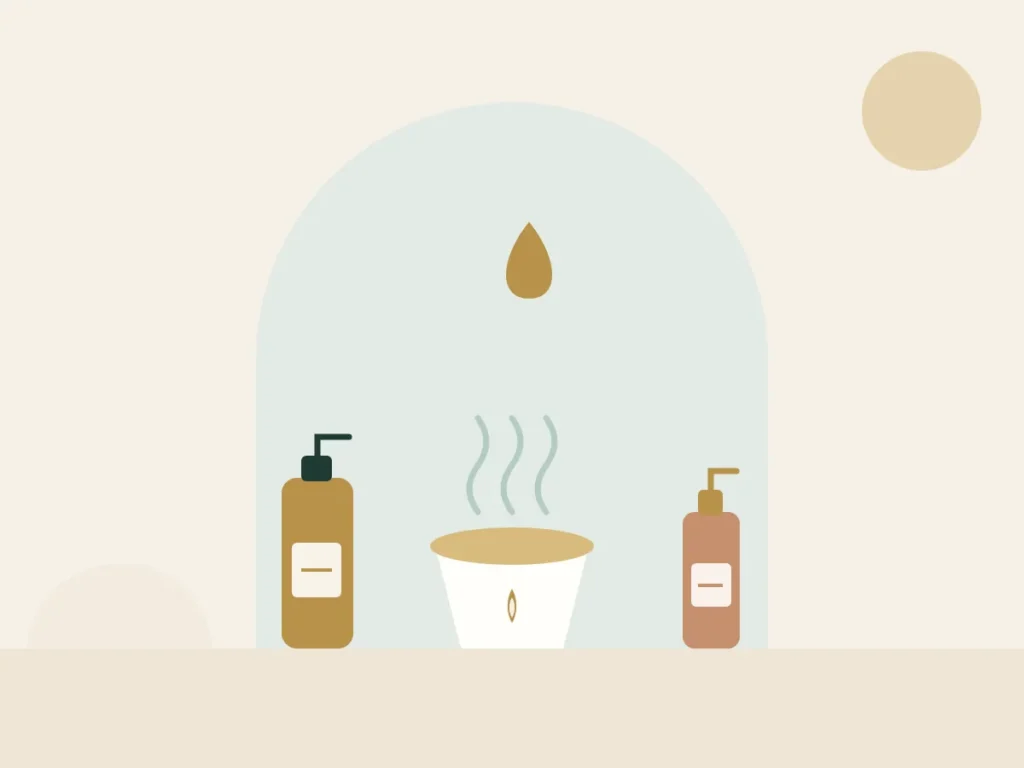 Oil warmer with a candle and two massage oil bottles for a hot oil massage