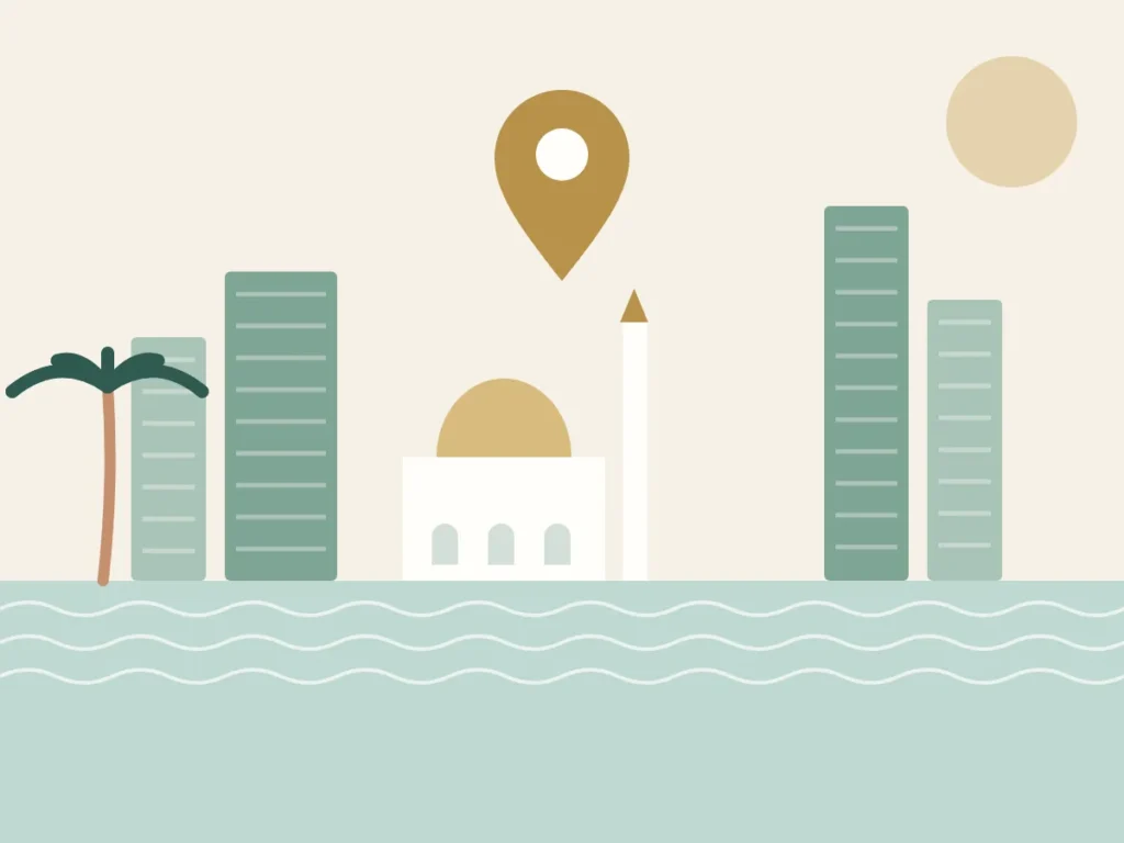 Sharjah skyline with towers, a domed mosque and the lagoon, marked with a location pin